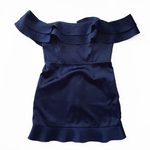 Bardot Athena Frill Off the Shoulder Navy Blue Satin Ruffle Mini Dress 10 Large - Picture 3 of 16